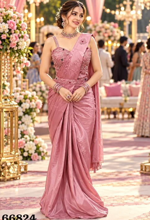 Pink Satin Contemporary Saree with Beads and Embroidered Work